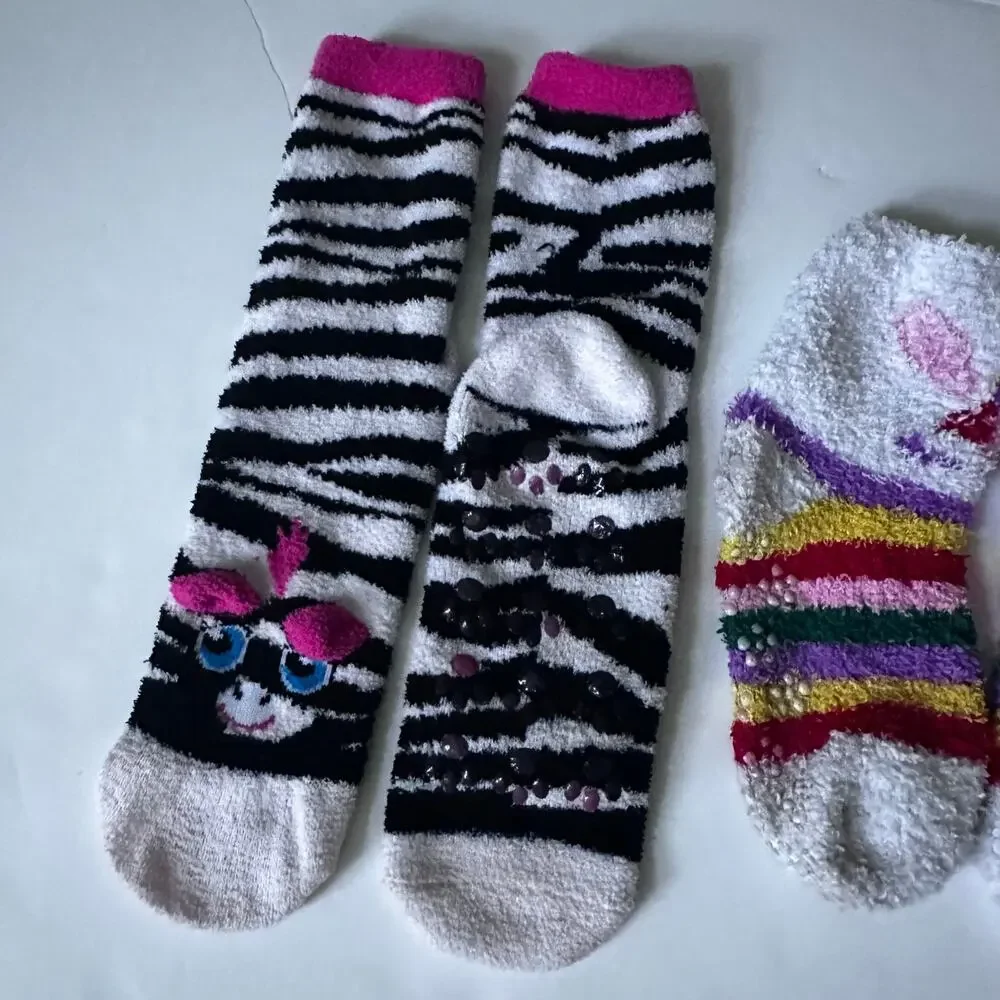 Girls Animal Print Fuzzy Socks with Grips - 3 Pairs